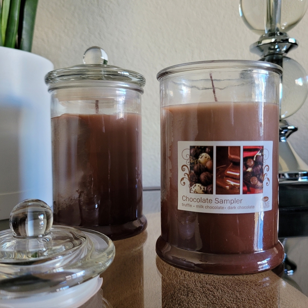 2 Chocolate Scented Candles NEW Glass Covered Jar Truffle